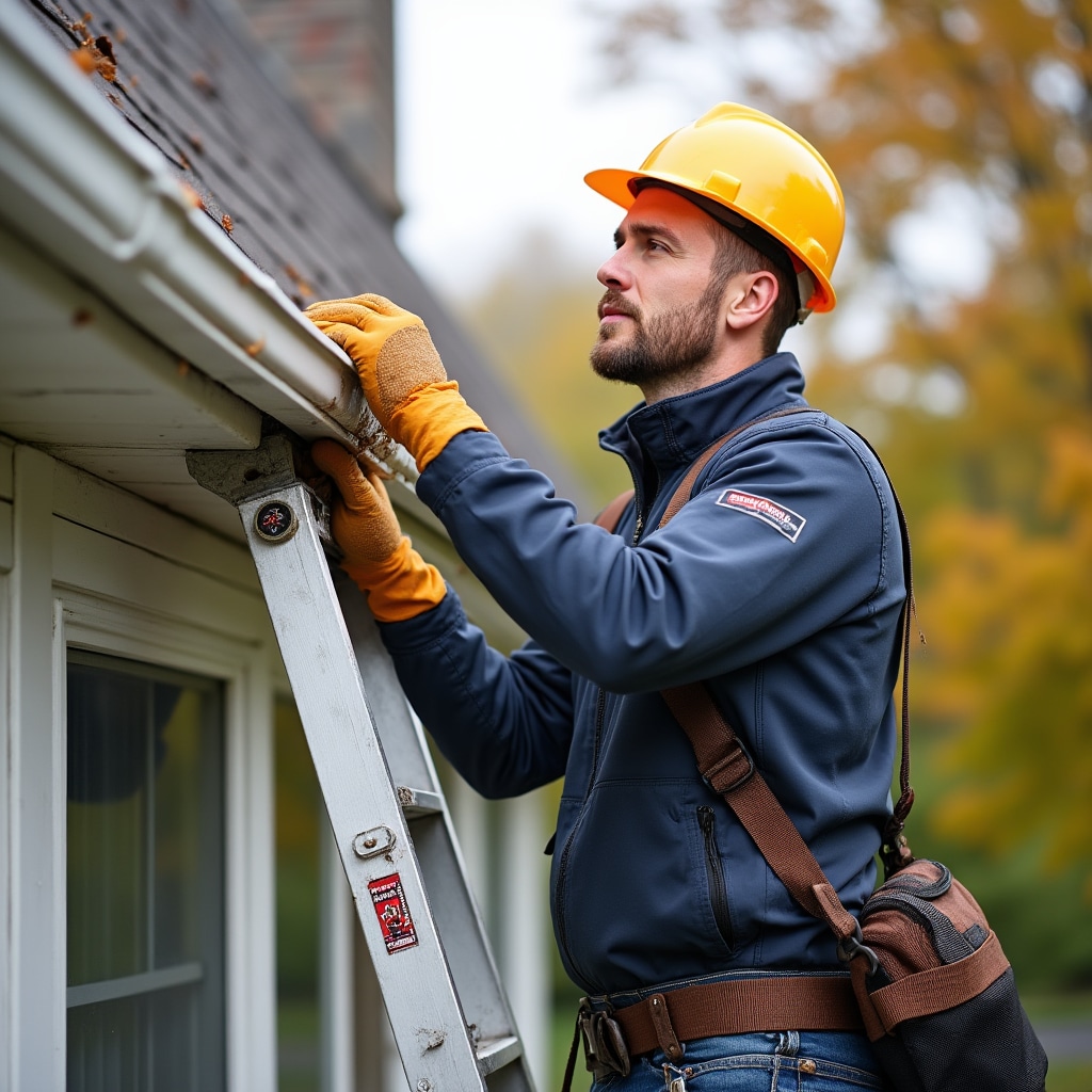 Technician performing gutter cleaning and maintenance