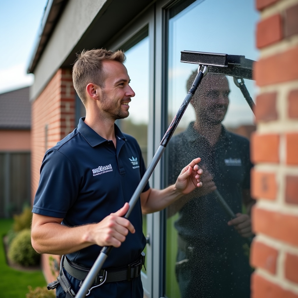 Professional window cleaner working on residential home exterior